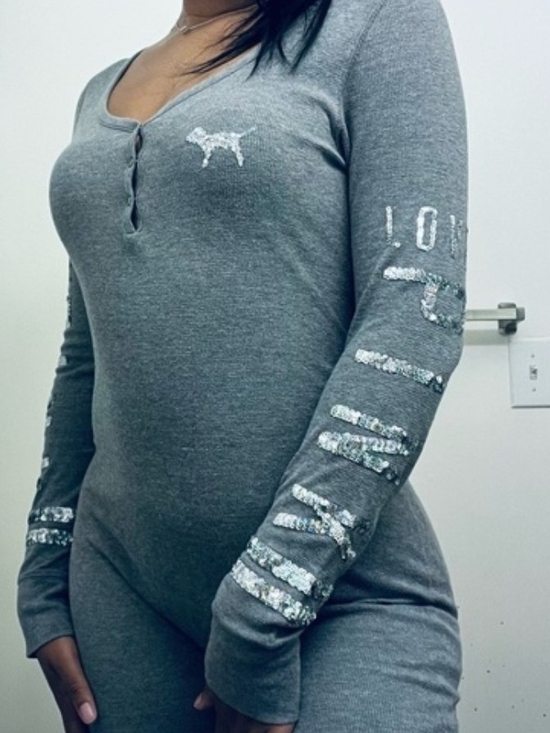 PINK Victoria's Secret Other - PINK Victoria's Secret Gray Sequin Logo Henley Bodysuit Pajama